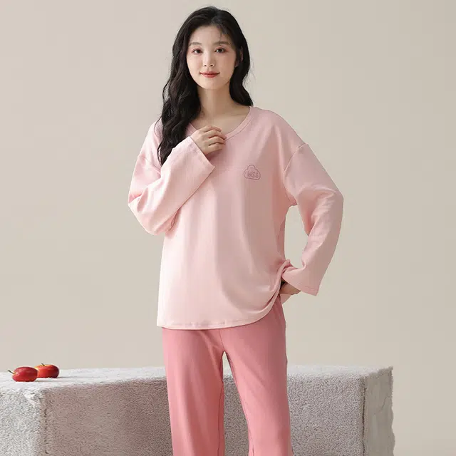 俏佳人 纯棉基础圆领套头纯色休闲宽松舒适亲肤透气长袖长裤可外穿家居服睡衣套装 女款