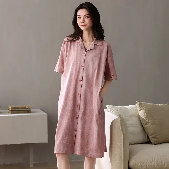 俏佳人 纯棉柔软基础亲肤透气慵懒翻领休闲短袖家居服睡裙 女款