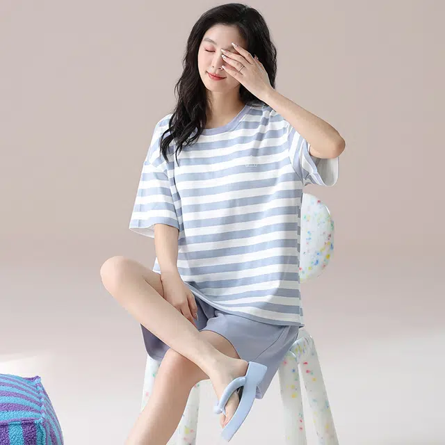 俏佳人 纯棉带胸垫条纹圆领套头舒适透气慵懒休闲可外穿短袖短裤家居服睡衣套装 女款