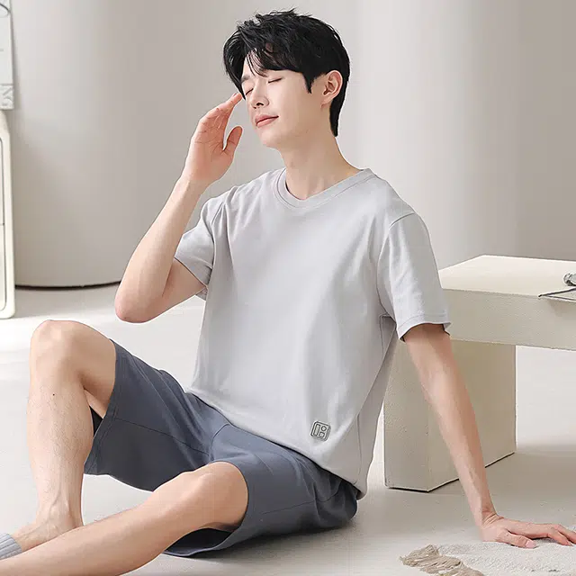 俏佳人 纯棉舒适透气基础纯色短袖休闲慵懒家居服睡衣套装 男款