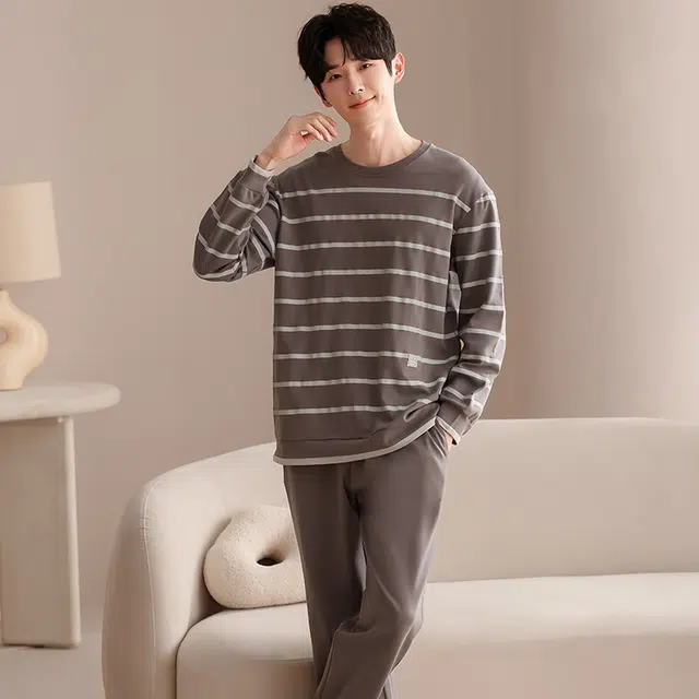 俏佳人 纯棉圆领套头基础条纹休闲宽松柔软舒适可外穿长袖长裤家居服睡衣套装 男款
