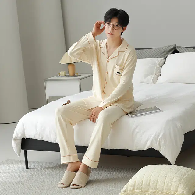 俏佳人 拉架棉开衫简约基础柔软宽松慵懒风舒适透气亲肤可外穿家居服睡衣套装 男款