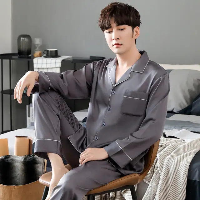 俏佳人 丝滑冰丝高级感开衫翻领纯色简约休闲家居服亲肤舒适透气长袖长裤睡衣套装 男款