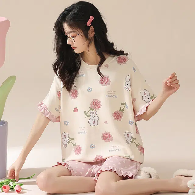 俏佳人 甜美韩版柔软亲肤休闲可外穿短袖慵懒家居服睡衣套装 女款