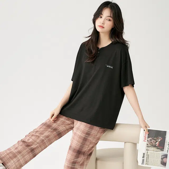 俏佳人 柔软亲肤休闲短袖长裤慵懒家居服可外穿睡衣套装 女款