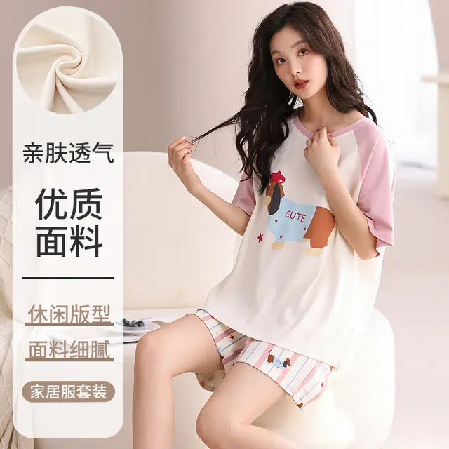 俏佳人 透气休闲纯棉套头舒适慵懒短袖家居服柔软亲肤睡衣套装 女款