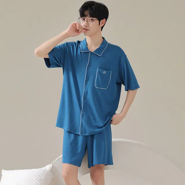 俏佳人 纯色基础柔软亲肤休闲开衫慵懒宽松短袖短裤家居服睡衣套装 男款