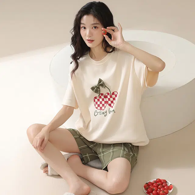 俏佳人 休闲可外穿套头柔软亲肤短袖短裤慵懒宽松家居服睡衣套装 女款