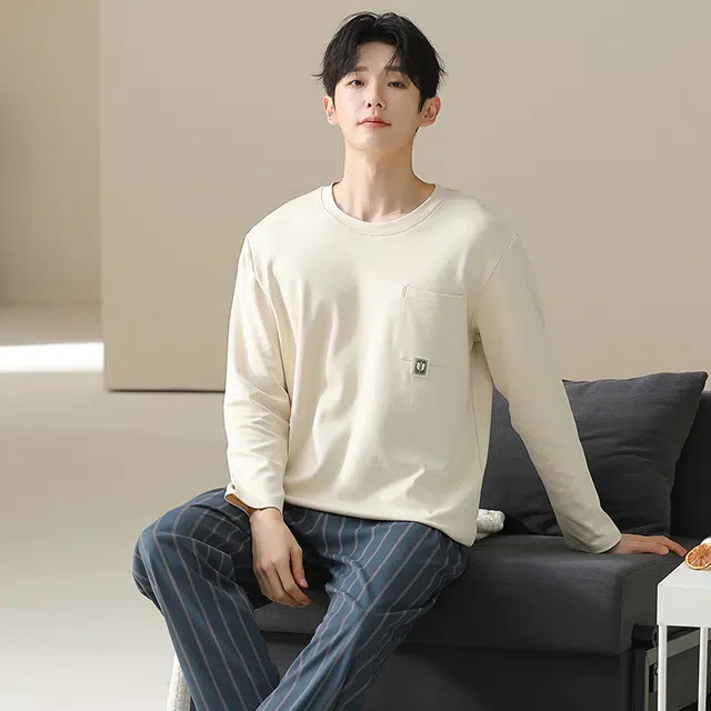 俏佳人 纯棉套头圆领休闲宽松可外穿家居服条纹柔软亲肤舒适透气长袖长裤睡衣套装 男款