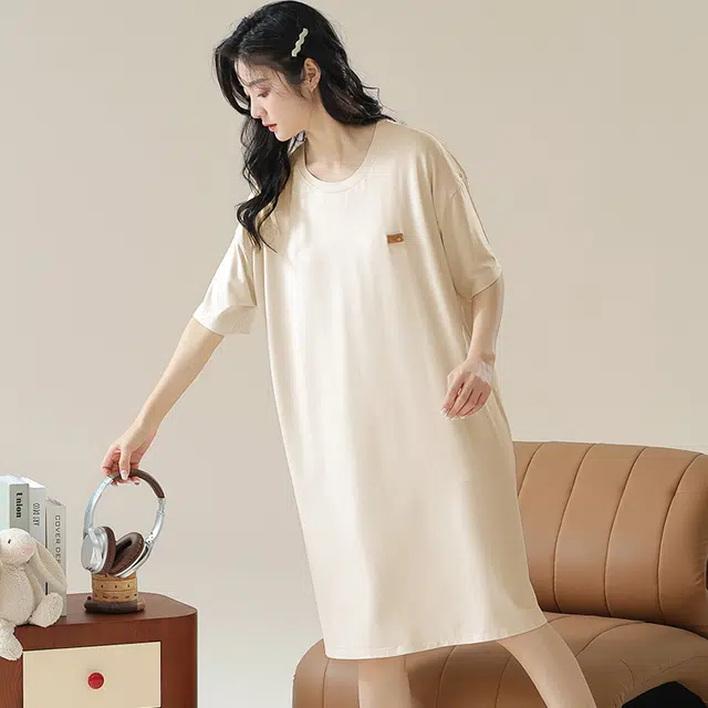 俏佳人 带胸垫垂感舒适柔软亲肤透气纯色休闲短袖慵懒家居服睡裙 女款