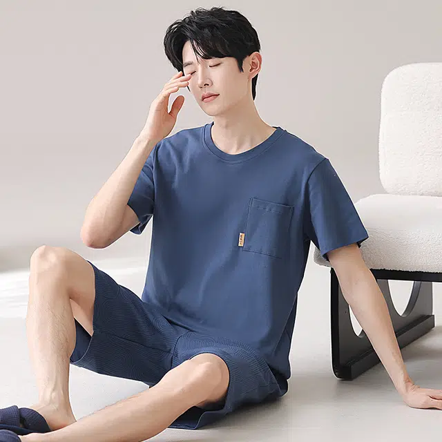 俏佳人 纯棉舒适透气基础短袖家居服休闲慵懒睡衣套装 男款