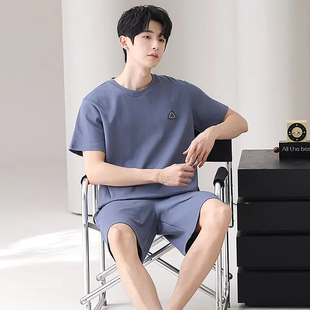 俏佳人 纯棉舒适透气慵懒短袖基础纯色休闲家居服睡衣套装 男款