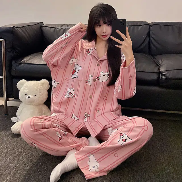 俏佳人 开衫翻领条可爱卡通爱心小狗休闲宽松家居服舒适透气长袖长裤睡衣套装 女款