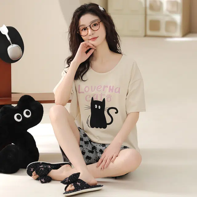 俏佳人 纯棉套头舒适透气慵懒休闲可外穿圆领短袖家居服睡衣套装 女款