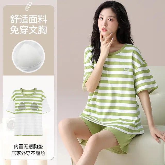 俏佳人 纯棉圆领条纹带胸垫套头舒适透气慵懒休闲可外穿短袖短裤家居服睡衣套装 女款