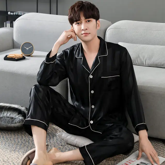 俏佳人 丝滑冰丝高级感开衫翻领简约纯色休闲家居服亲肤舒适透气长袖长裤睡衣套装 男款
