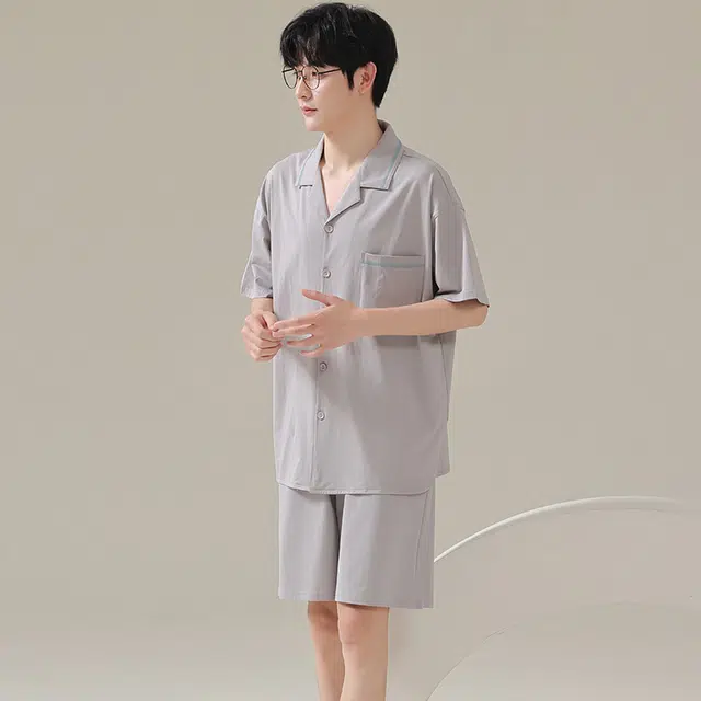 俏佳人 纯色韩版基础柔软亲肤休闲开衫慵懒短袖家居服睡衣套装 男款