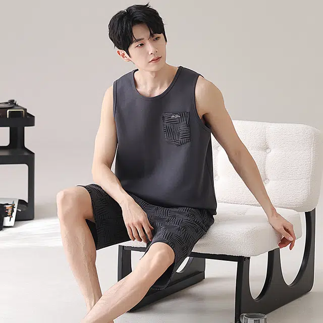 俏佳人 纯棉舒适透气慵懒无袖休闲背心家居服睡衣套装 男款