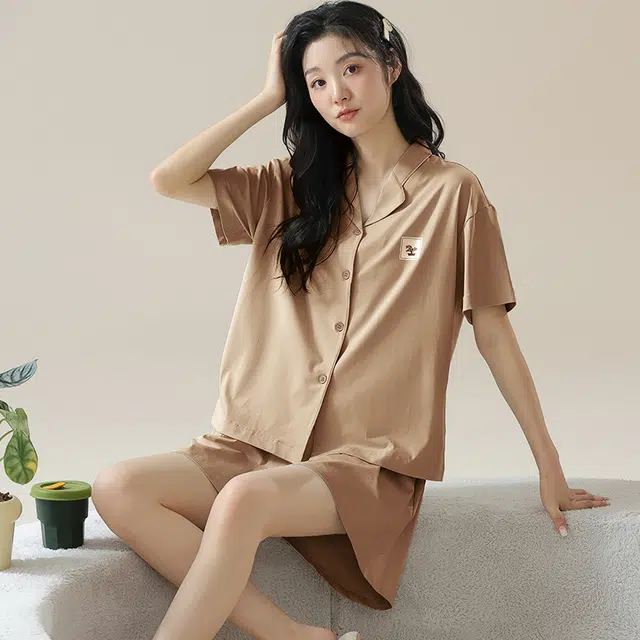 俏佳人 柔软亲肤基础休闲开衫慵懒宽松短袖短裤家居服睡衣套装 女款
