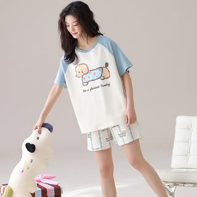 俏佳人 舒适透气休闲慵懒短袖纯棉套头家居服柔软亲肤睡衣套装 女款