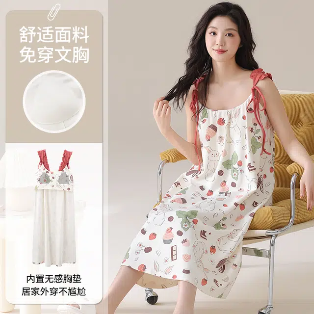 俏佳人 休闲带胸垫基础舒适透气可外穿满印无袖吊带家居服睡裙 女款