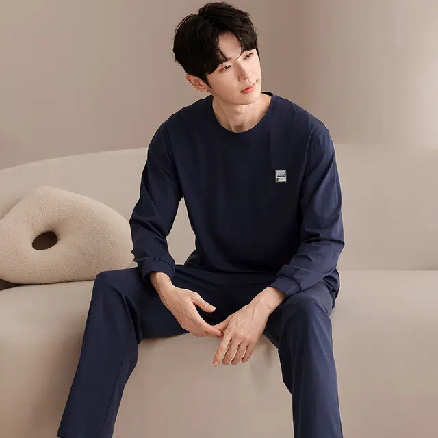 俏佳人 纯棉圆领套头纯色休闲宽松柔软舒适可外穿长袖长裤家居服睡衣套装 男款