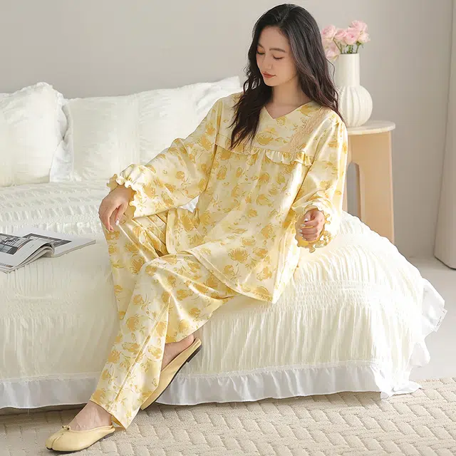俏佳人 纯棉套头圆领公主风宽松休闲家居服花卉图案柔软亲肤舒适透气长袖长裤睡衣套装 女款