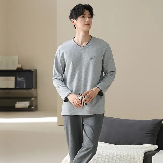 俏佳人 纯棉套头圆领休闲宽松可外穿家居服纯色字母柔软亲肤舒适透气长袖长裤睡衣套装 男款