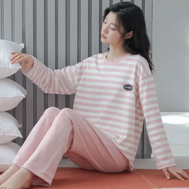 俏佳人 纯棉圆领套头基础条纹休闲宽松舒适亲肤透气长袖长裤可外穿家居服睡衣套装 女款