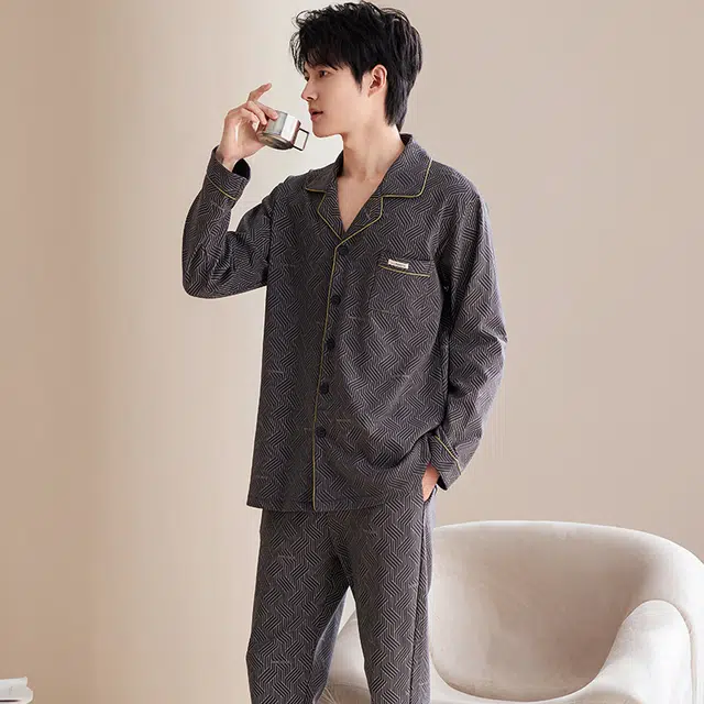 俏佳人 翻领开衫简约时尚条纹舒适透气长袖长裤家居服睡衣套装 男款 深灰色