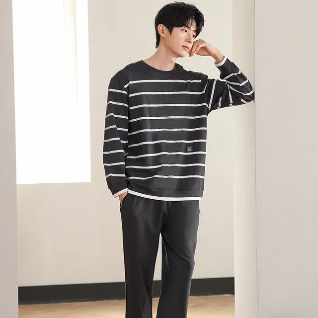 俏佳人 纯棉圆领套头条纹休闲宽松柔软舒适可外穿长袖长裤家居服睡衣套装 男款
