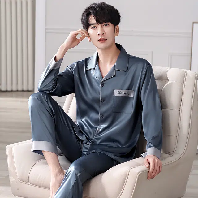 俏佳人 丝滑冰丝高级感翻领开衫纯色简约休闲亲肤透气舒适家居服长袖长裤睡衣套装 男款