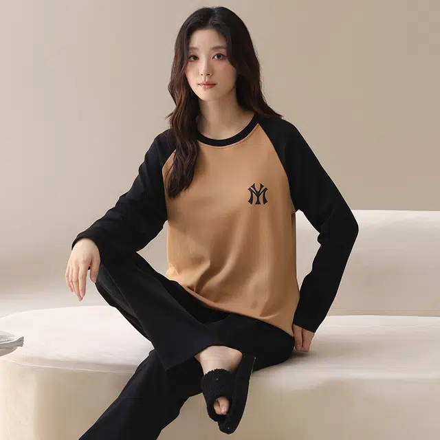 俏佳人 纯棉基础圆领套头拼色休闲宽松舒适亲肤透气长袖长裤可外穿家居服睡衣套装 女款