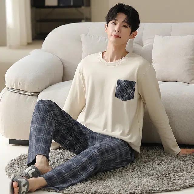 俏佳人 纯棉套头圆领休闲宽松可外穿家居服纯色格子柔软亲肤舒适透气长袖长裤睡衣套装 男款