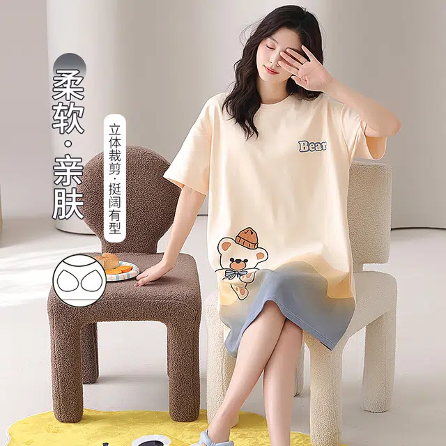 俏佳人 带胸垫纯棉休闲舒适卡通透气短袖家居服睡裙 女款