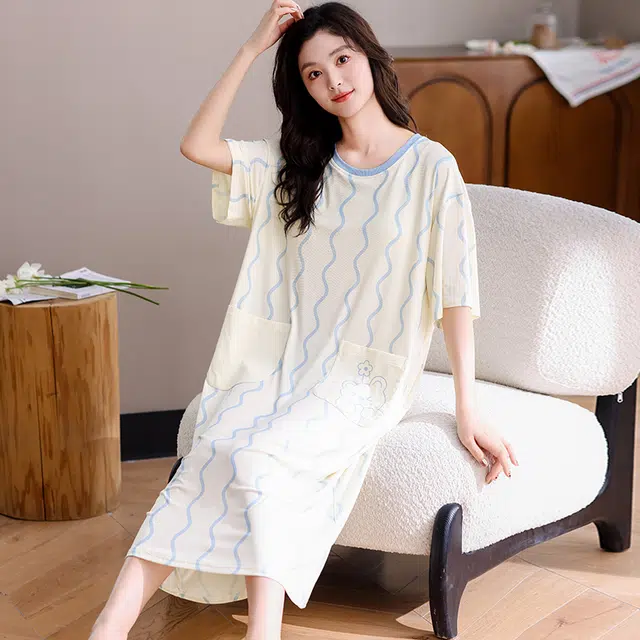 俏佳人 亲肤舒适套头休闲慵懒风可外穿透气短袖家居服带胸垫垂感睡裙 女款