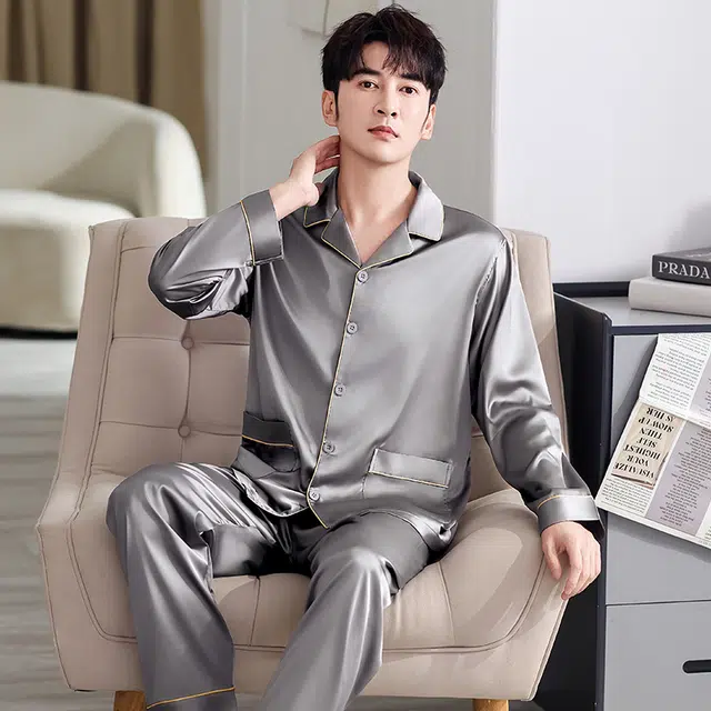 俏佳人 丝滑冰丝高级感翻领开衫纯色休闲简约亲肤舒适透气长袖长裤家居服睡衣套装 男款