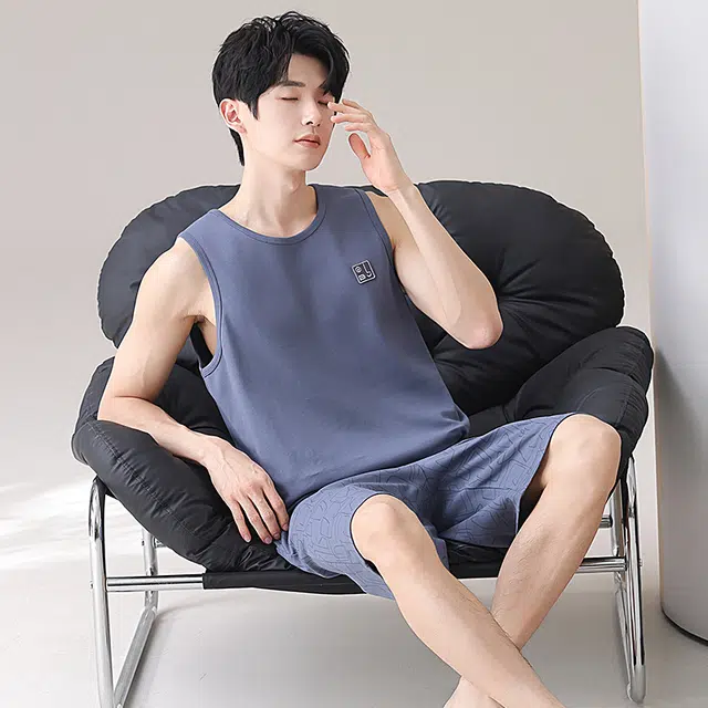 俏佳人 纯棉舒适透气休闲背心家居服睡衣套装 男款