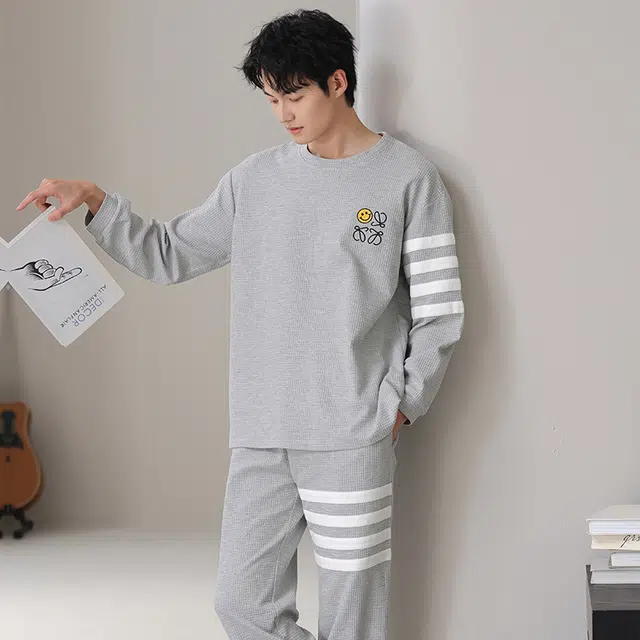 俏佳人 华夫格纯棉简约宽松休闲可外穿圆领套头柔软舒适透气家居服长袖长裤睡衣套装 男款