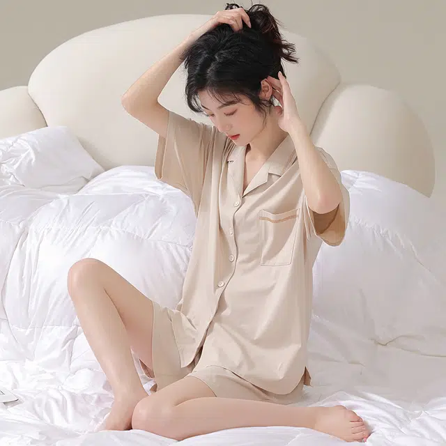 俏佳人 纯色基础柔软亲肤休闲开衫慵懒短袖家居服睡衣套装 女款