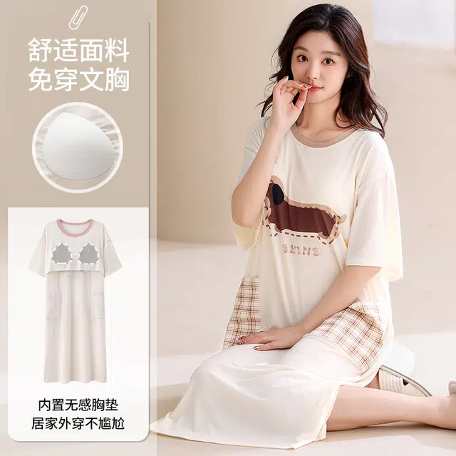 俏佳人 带胸垫垂感亲肤舒适套头休闲慵懒风可外穿透气短袖家居服睡裙 女款
