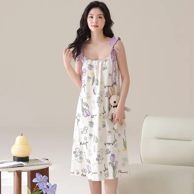 俏佳人 休闲带胸垫基础纯棉舒适透气可外穿吊带家居服无袖睡裙 女款