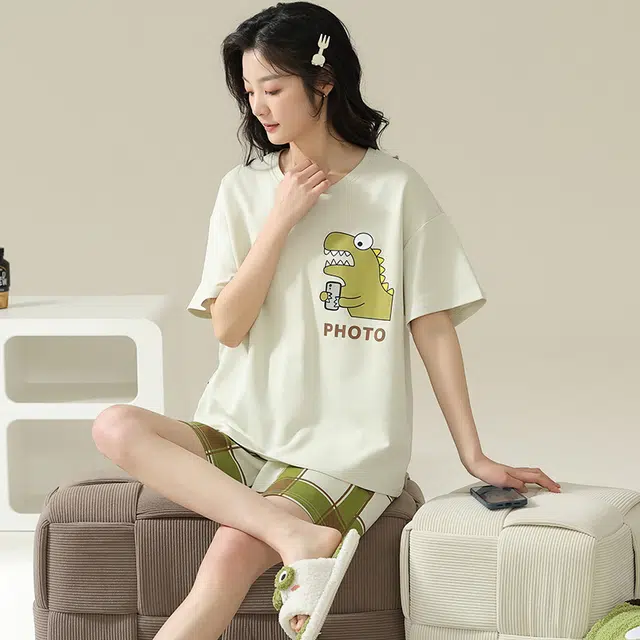 俏佳人 柔软亲肤休闲短袖可外穿慵懒家居服睡衣套装 女款