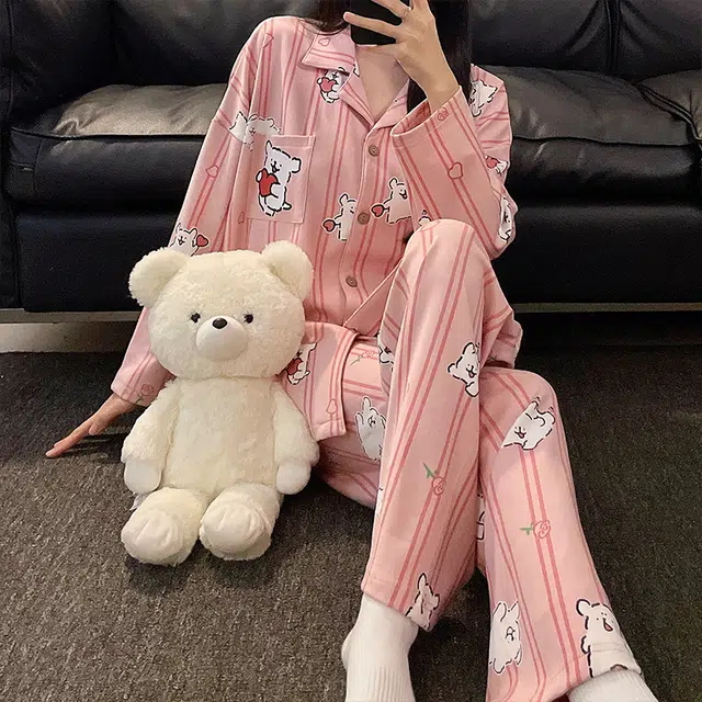 俏佳人 开衫翻领条可爱卡通爱心小狗休闲宽松家居服舒适透气长袖长裤睡衣套装 女款