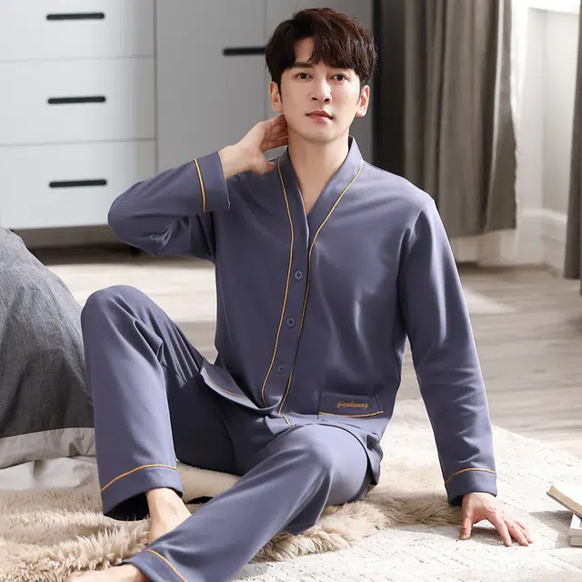 俏佳人 纯色简约开衫和尚领家居服休闲宽松亲肤舒适透气可外穿长袖长裤睡衣套装 男款