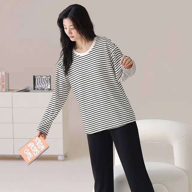 俏佳人 纯棉基础圆领套头条纹休闲宽松舒适亲肤透气长袖长裤可外穿家居服睡衣套装 女款