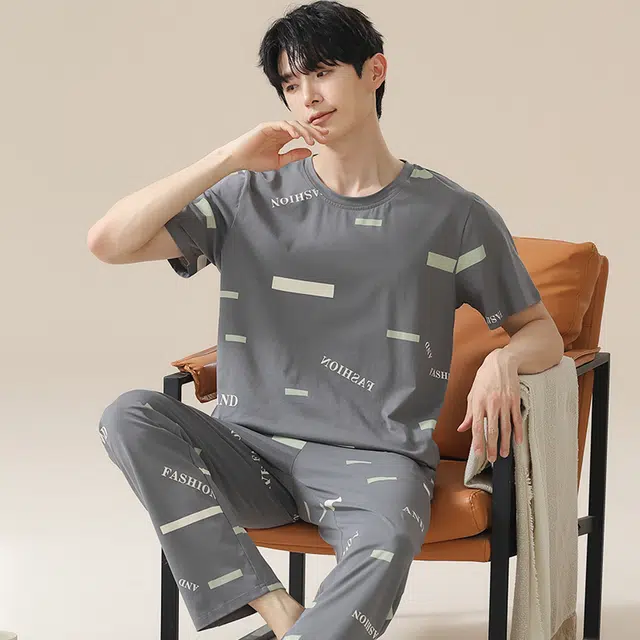 俏佳人 韩版柔软亲肤基础休闲短袖长裤慵懒家居服睡衣套装 男款