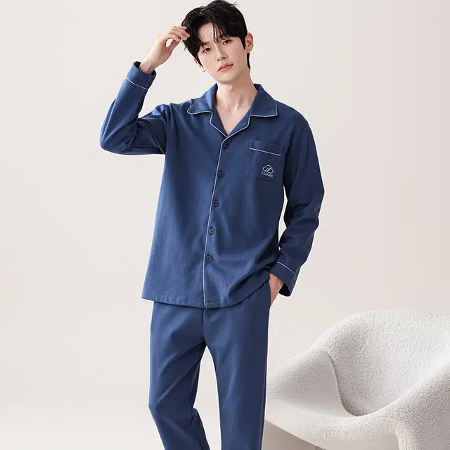 俏佳人 翻领开衫简约时尚舒适透气长袖长裤纯色家居服睡衣套装 男款 宝蓝色