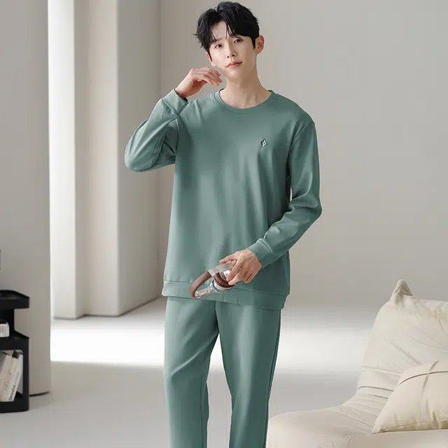 俏佳人 纯棉圆领套头基础休闲宽松柔软舒适可外穿长袖长裤家居服睡衣套装 男款