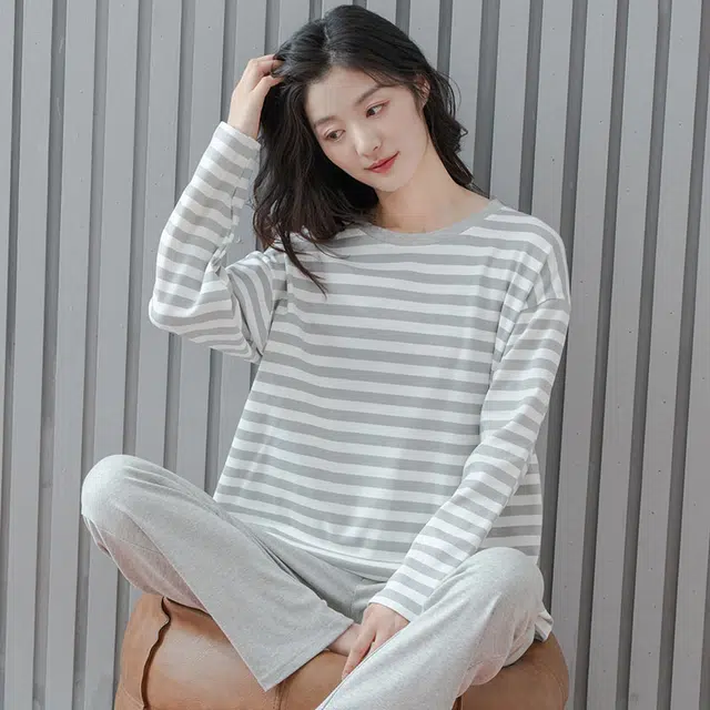 俏佳人 纯棉圆领套头条纹休闲宽松舒适亲肤透气长袖长裤可外穿家居服睡衣套装 女款
